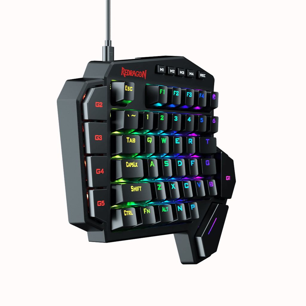 Redragon K585 DITI one-handed keyboard, highlighting on the left G2-G5 macro keys with with vibrant RGB backlighting on main keys