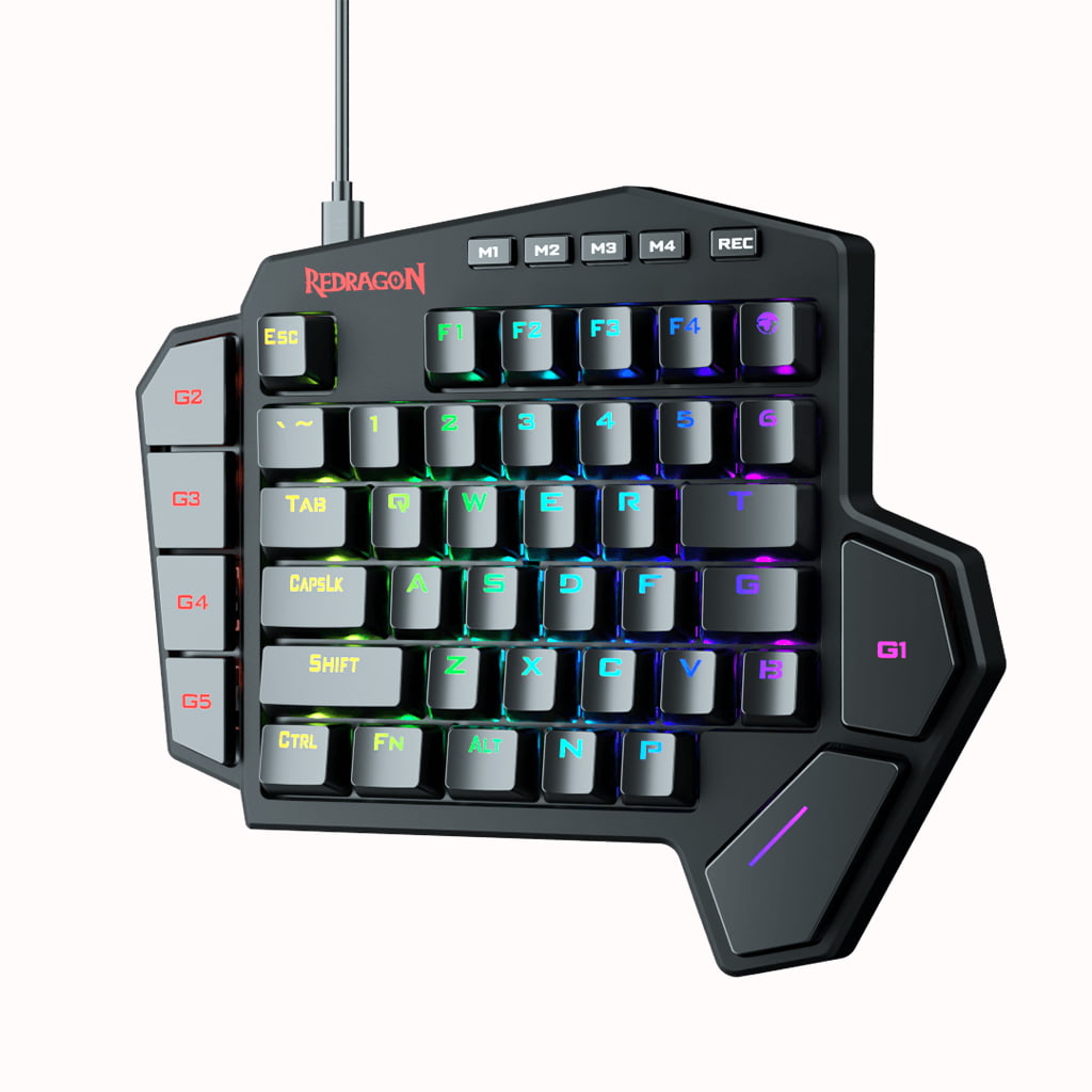 Right side view of Redragon K585 DITI RGB One-Handed Mechanical Gaming Keyboard with vibrant RGB lighting and macros keys 