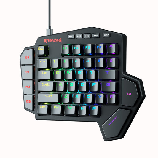 Right side view of Redragon K585 DITI RGB One-Handed Mechanical Gaming Keyboard with vibrant RGB lighting and macros keys 
