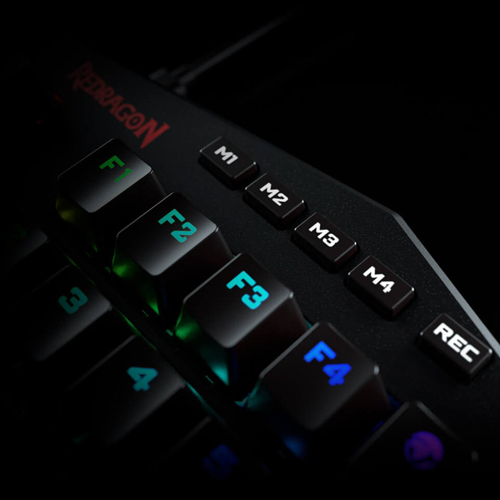 Close-up view of the Redragon K585 DITI RGB one-handed mechanical gaming keyboard showing function keys