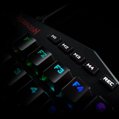 Close-up view of the Redragon K585 DITI RGB one-handed mechanical gaming keyboard showing function keys