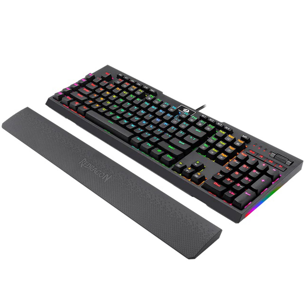 Redragon K586 Brahma, emphasizing its robust design, extensive functionality with specialized keys for gaming & its customizable RGB