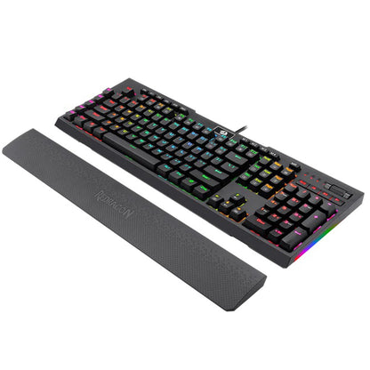 Redragon K586 Brahma, emphasizing its robust design, extensive functionality with specialized keys for gaming & its customizable RGB