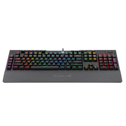 Redragon K586 Brahma, emphasizing its robust design, full functionality with extra keys & the impressive breadth of its RGB lighting