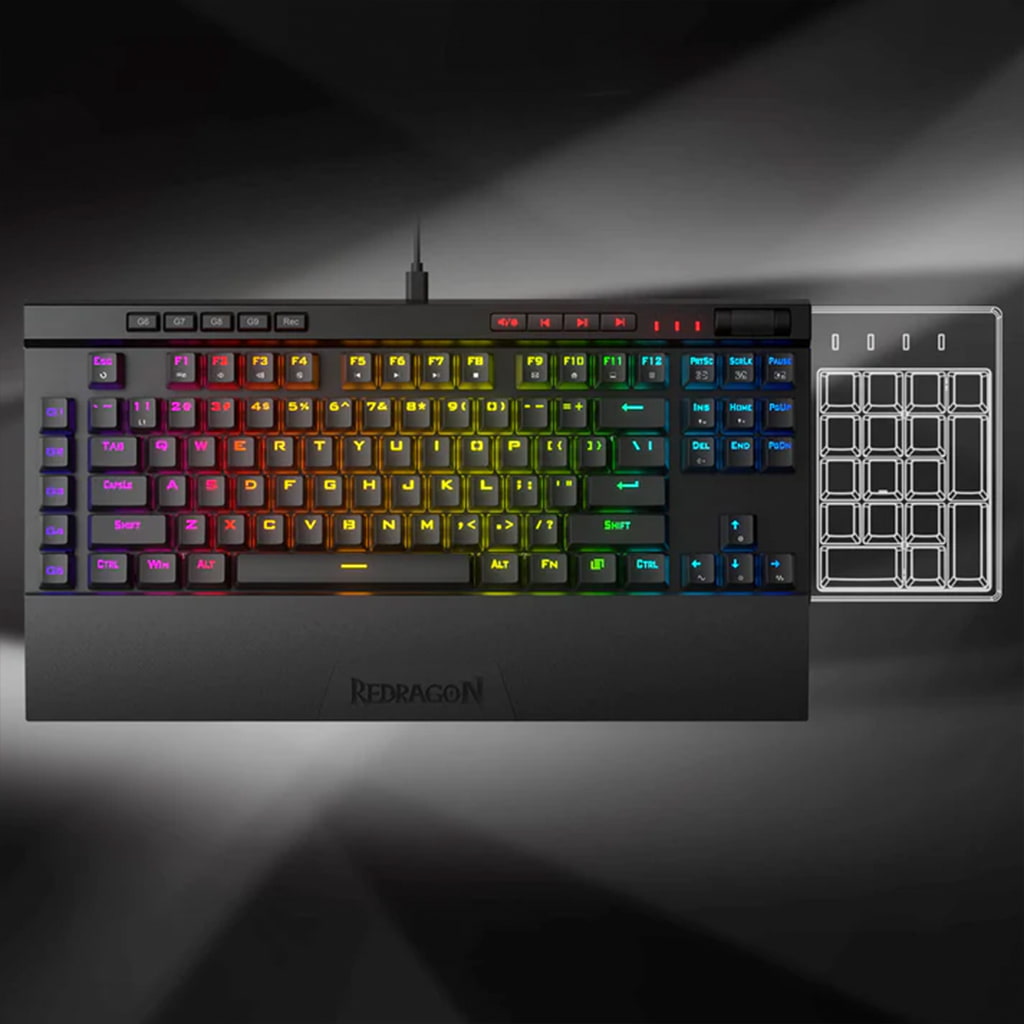 Redragon K587 Magic Pro RGB gaming keyboard with colorful backlighting, featuring dedicated media controls and a numerical keypad space