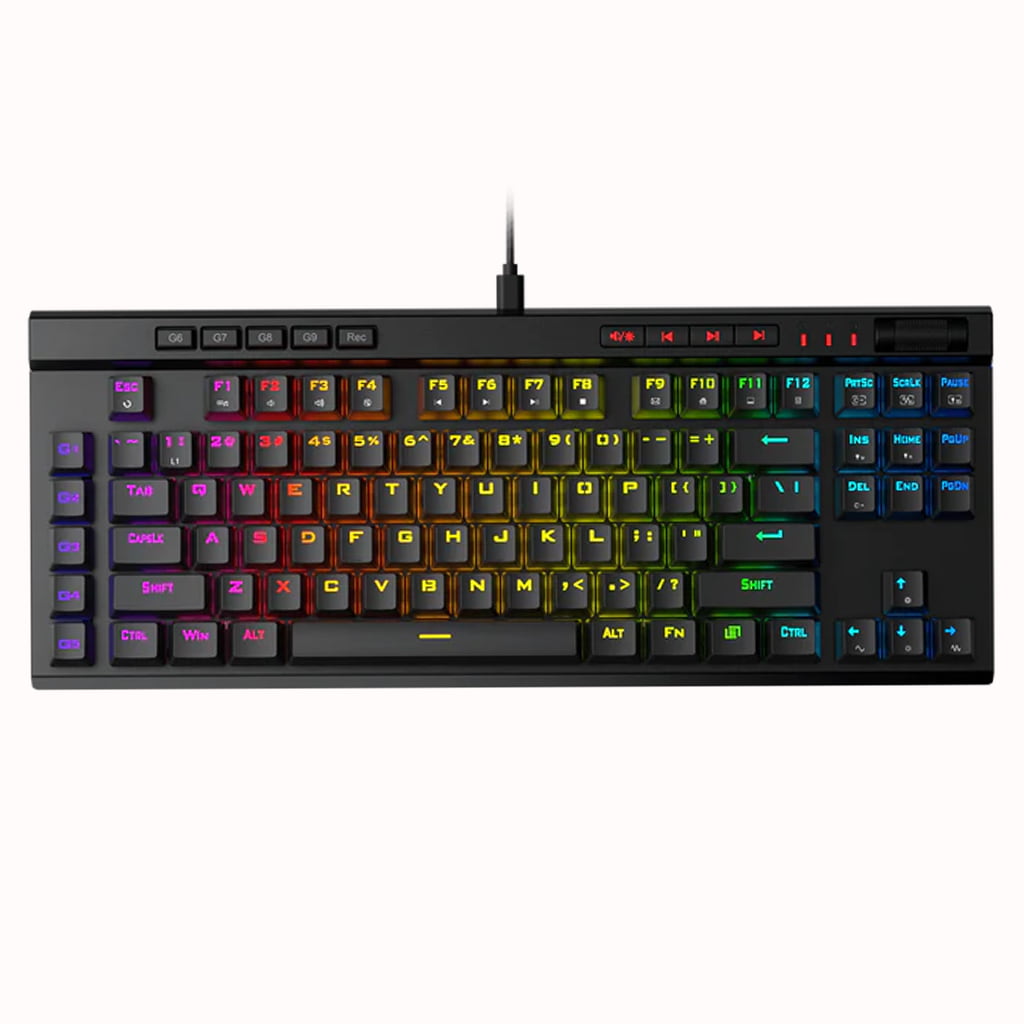 Top view Redragon K587 MAGIC WAND of a keyboard with customizable rainbow backlighting on the keys & multimedia control buttons