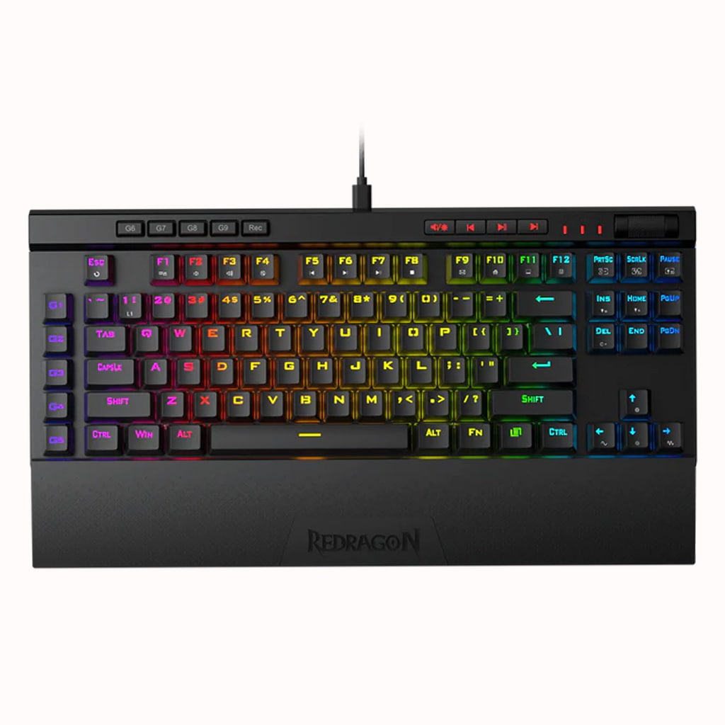 Compact Redragon K587 Magic Pro RGB gaming keyboard, featuring colorful backlit keys and a USB cable connection.