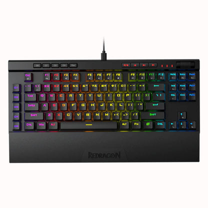 Compact Redragon K587 Magic Pro RGB gaming keyboard, featuring colorful backlit keys and a USB cable connection.