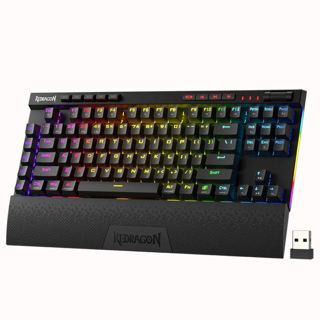 A colorful Redragon K587 Magic Wand Pro mechanical gaming keyboard with RGB lighting and a detachable USB receiver