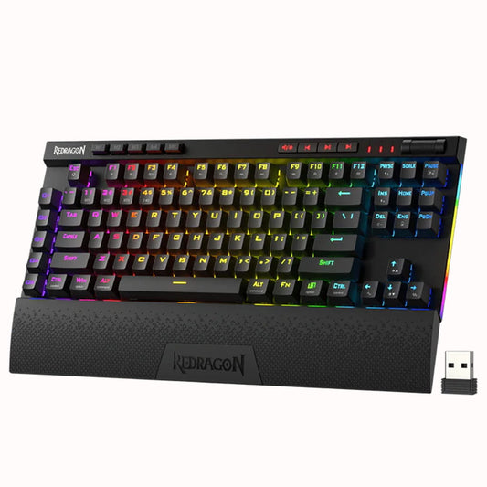 A colorful Redragon K587 Magic Wand Pro mechanical gaming keyboard with RGB lighting and a detachable USB receiver