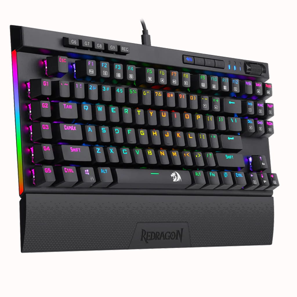 Redragon K587 MAGIC WAND Pro Keyboard with customizable RGB backlighting & programmable keys, featuring a textured wrist rest