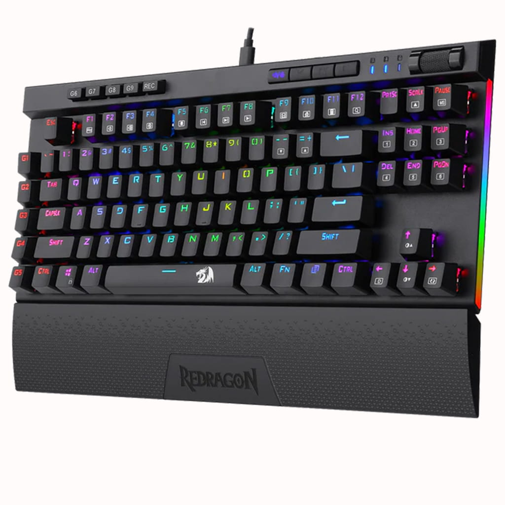 Redragon K587 Pro keyboard featuring colorful keys with various inscriptions and labels, showcasing a mix of letters & controls