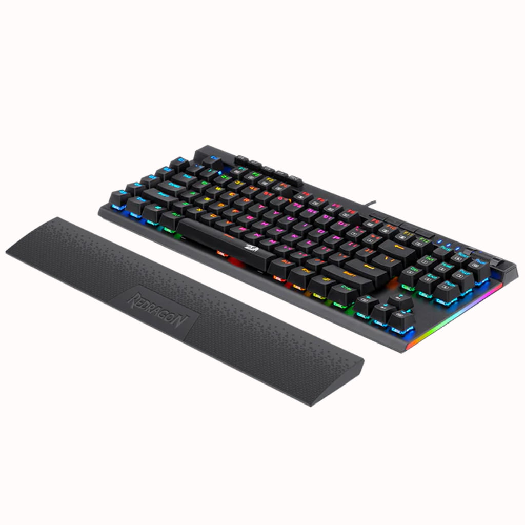  Redragon K587 Magic Wand Pro mechanical keyboard with colorful RGB backlighting and a textured wrist rest