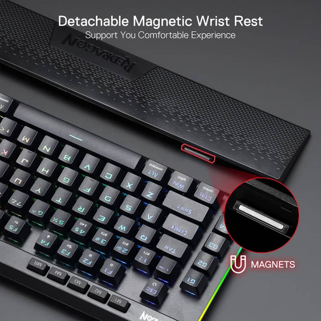 Redragon K587 MAGIC Pro keyboard with a detachable magnetic wrist rest, featuring colorful backlit keys & highlighted magnetic connection