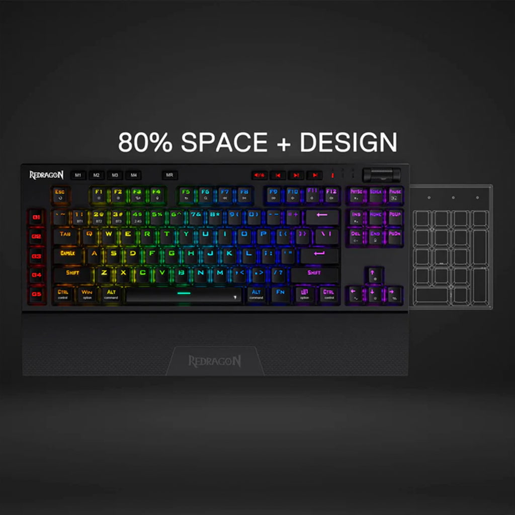 Redragon K596 Vishnu RGB Gaming Keyboard, showcasing its sleek design, compact tenkeyless layout, and vibrant RGB backlighting