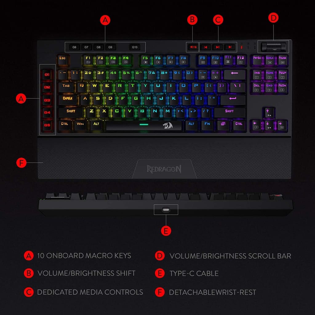Redragon K596 Vishnu keyboard's specifications: 2.4GHz wireless, wired USB-C, 10 macro keys, full anti-ghosting, RGB illumination, and USB 2.0 port