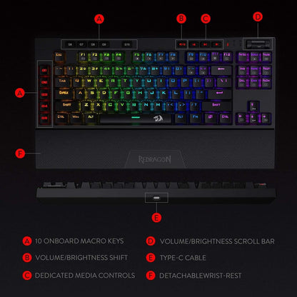 Redragon K596 Vishnu keyboard's specifications: 2.4GHz wireless, wired USB-C, 10 macro keys, full anti-ghosting, RGB illumination, and USB 2.0 port