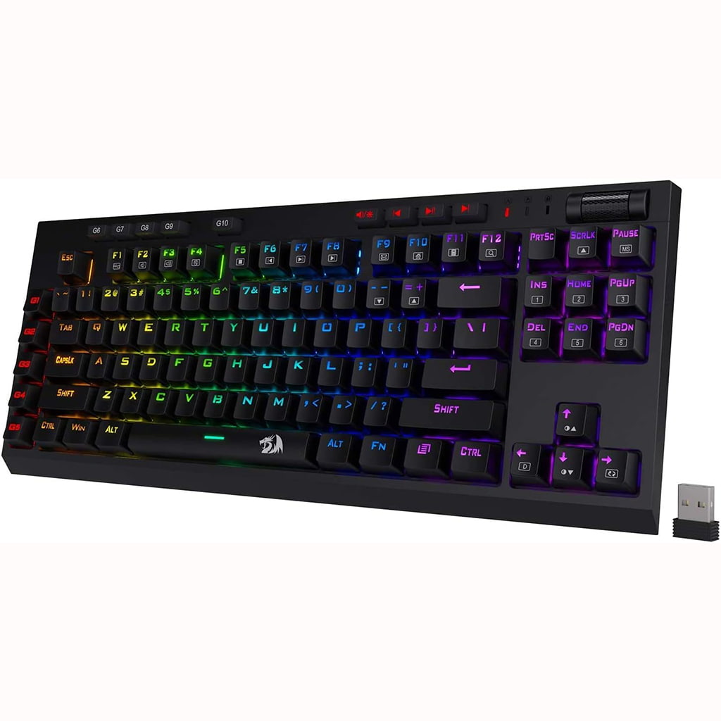 Redragon K596 Vishnu, displaying its robust construction, the detail of its USB connection, media control & glow of its RGB backlight