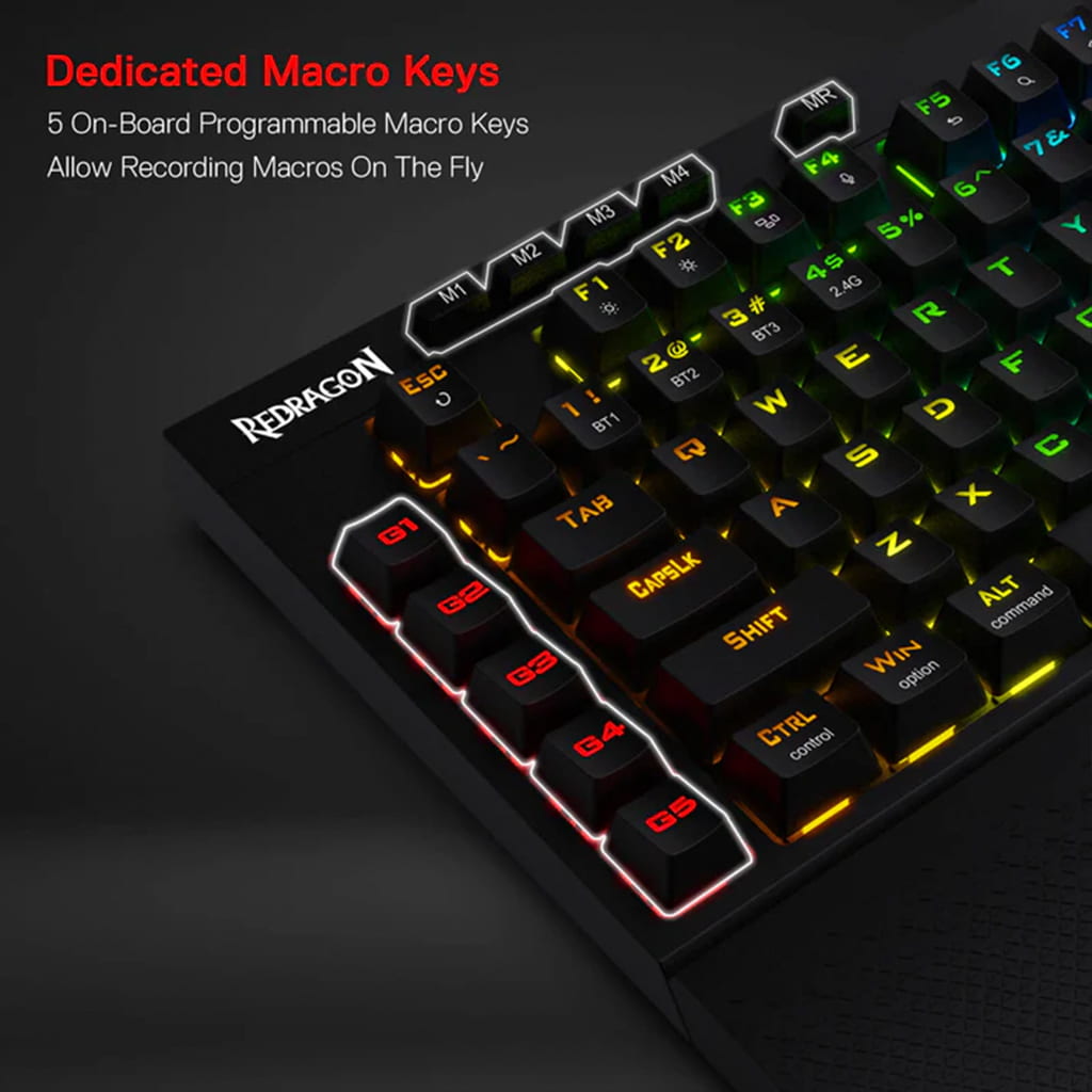 Redragon K596 Vishnu RGB Gaming Keyboard's dedicated macro keys (G1-G10) on the left side, illuminated by RGB lighting
