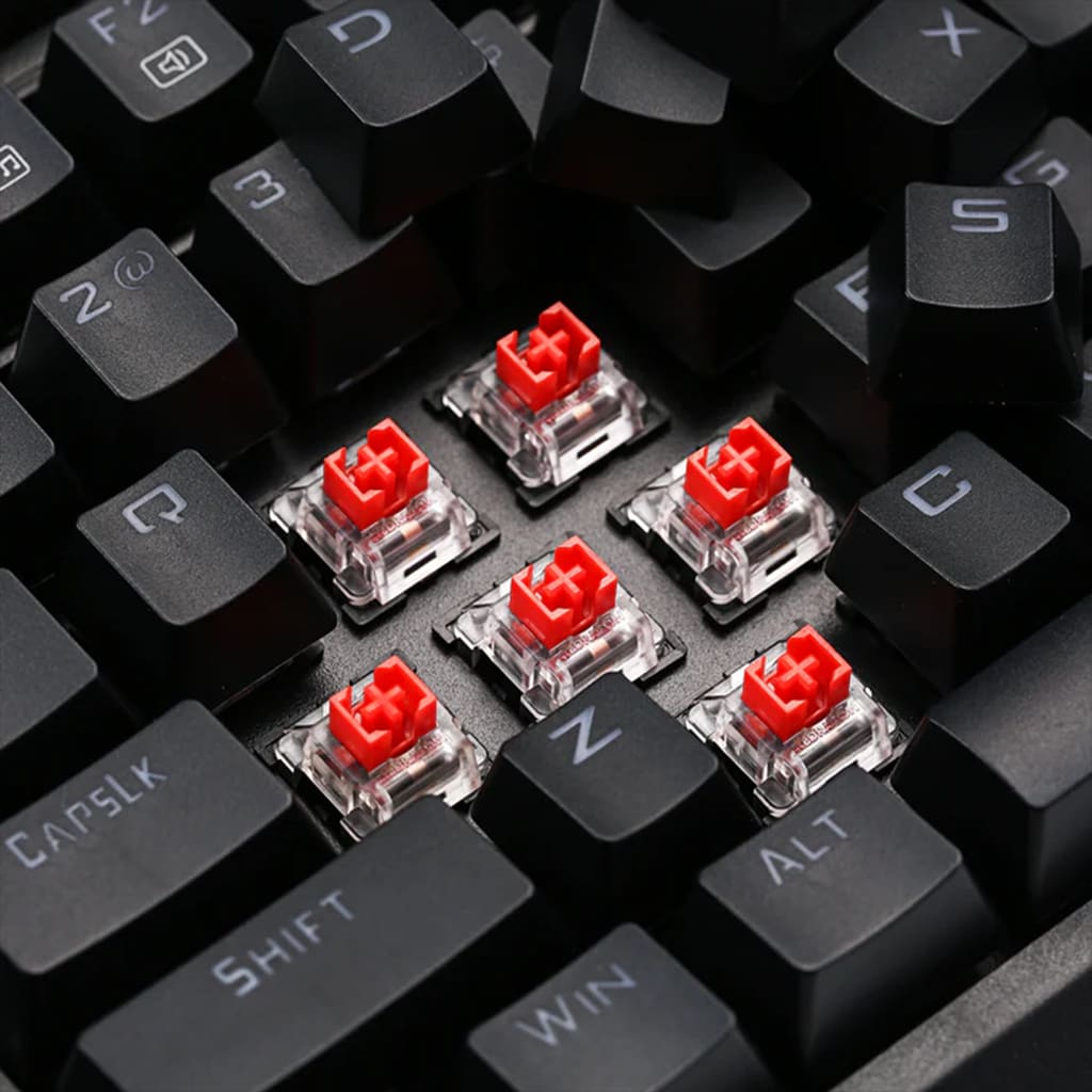 Redragon K596 Vishnu Wireless RGB Mechanical Gaming Keyboard's red mechanical switches, displaying their linear design