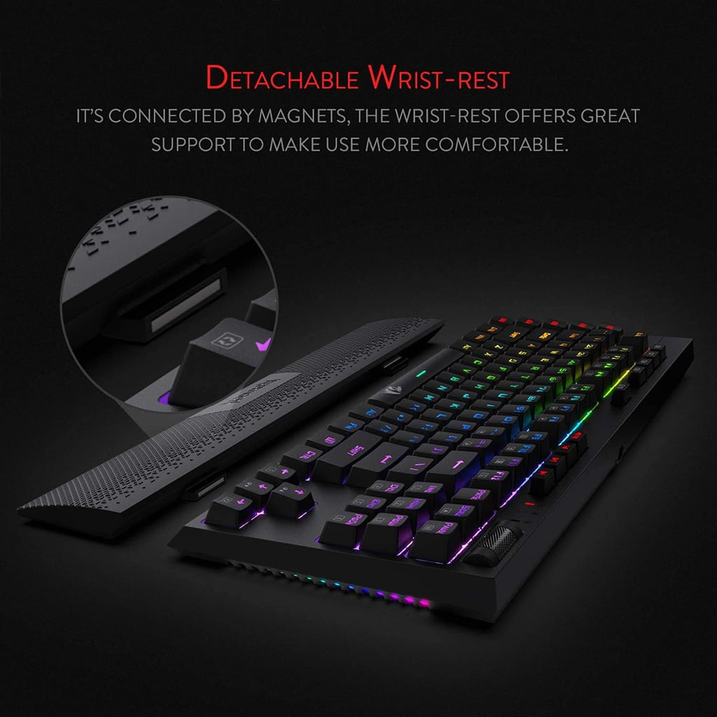 Redragon K596 Vishnu keyboard, emphasizing its ergonomic keycap profile, detachable wrist rest & dedicated macro and media controls