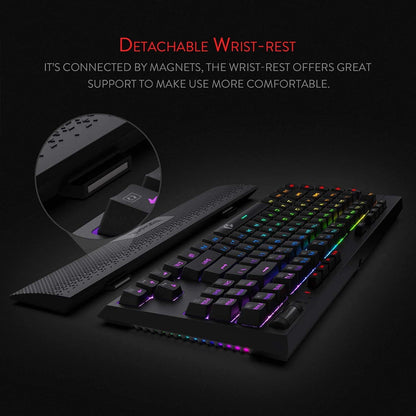 Redragon K596 Vishnu keyboard, emphasizing its ergonomic keycap profile, detachable wrist rest & dedicated macro and media controls
