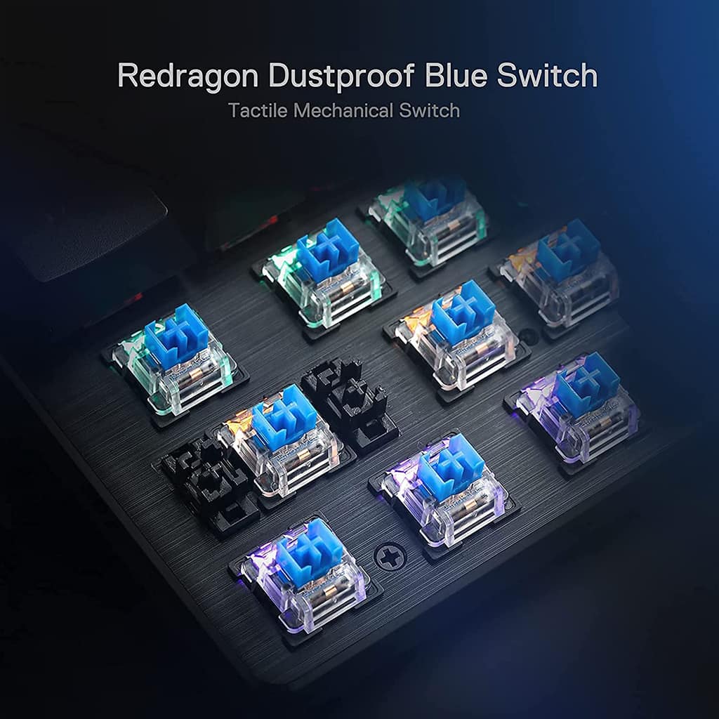 Close-up of Redragon K608 Valheim Keyboard's blue mechanical switches, displaying their clicky actuation & rainbow backlighting