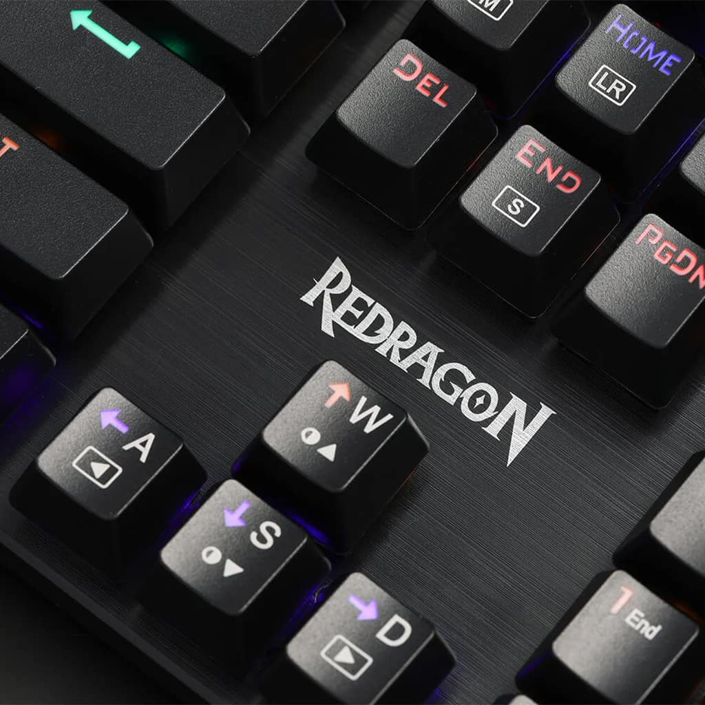 Redragon K608 Valheim keyboard seen in close detail, emphasizing the clear visibility of the key characters