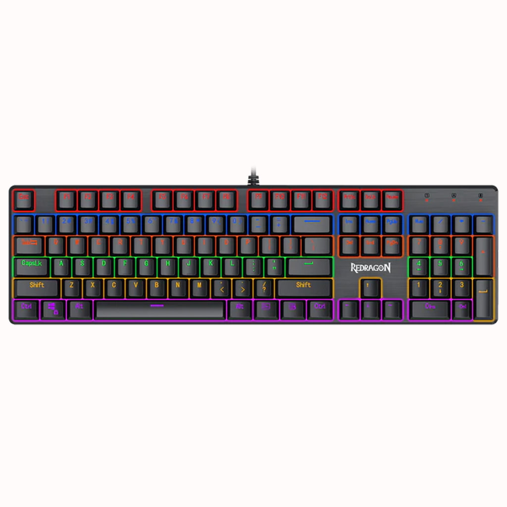 Redragon K608 keyboard, displaying its 104-key layout, with each row is different by a color, creating a vibrant rainbow effect