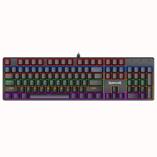 Redragon K608 keyboard, displaying its 104-key layout, with each row is different by a color, creating a vibrant rainbow effect