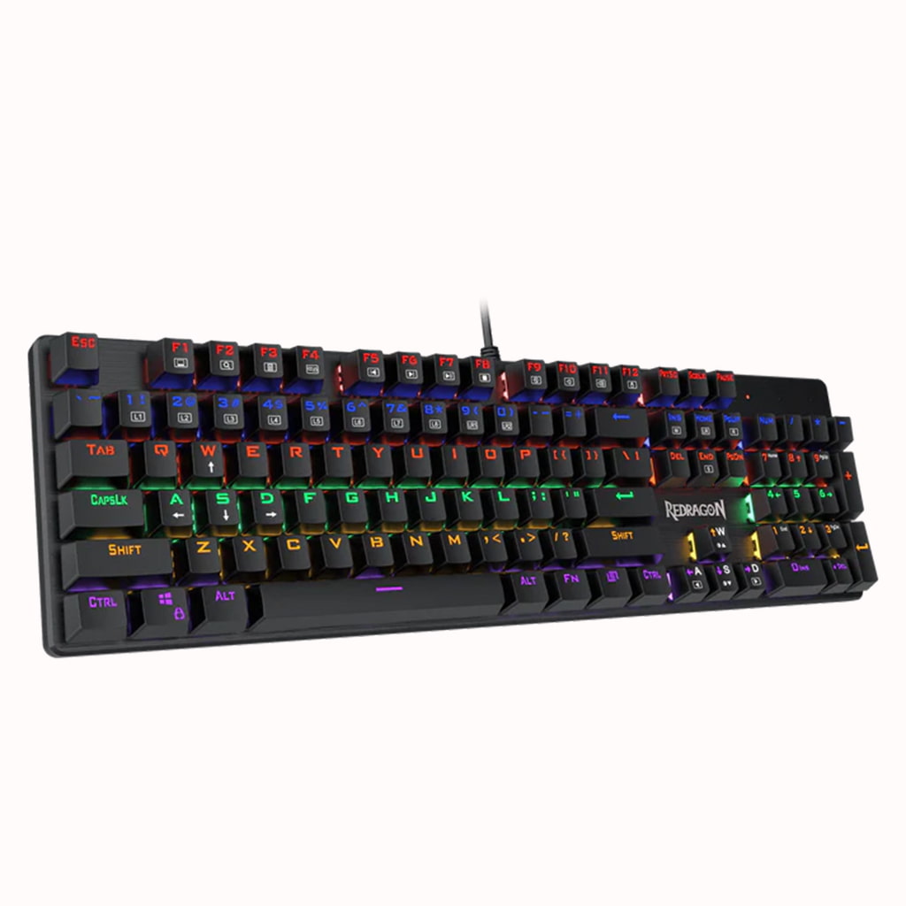 Left side view of the Redragon K608 Valheim Rainbow Gaming Keyboard, highlighting its profile and fixed rainbow backlighting