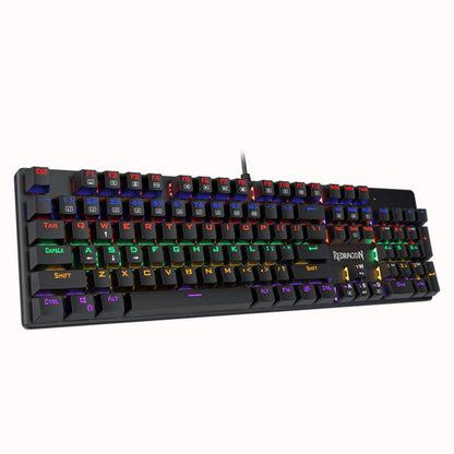 Left side view of the Redragon K608 Valheim Rainbow Gaming Keyboard, highlighting its profile and fixed rainbow backlighting