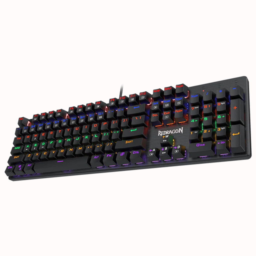 Right side view of the Redragon K608 Valheim Rainbow Gaming Keyboard, highlighting its profile and fixed rainbow backlighting