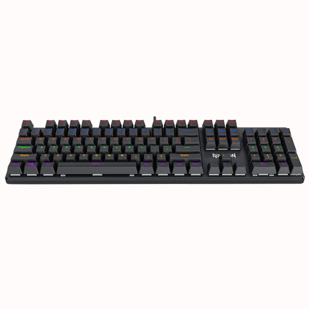 Top-down view of the Redragon K608 Valheim Rainbow Gaming Keyboard, showcasing its full-size layout and fixed rainbow backlighting