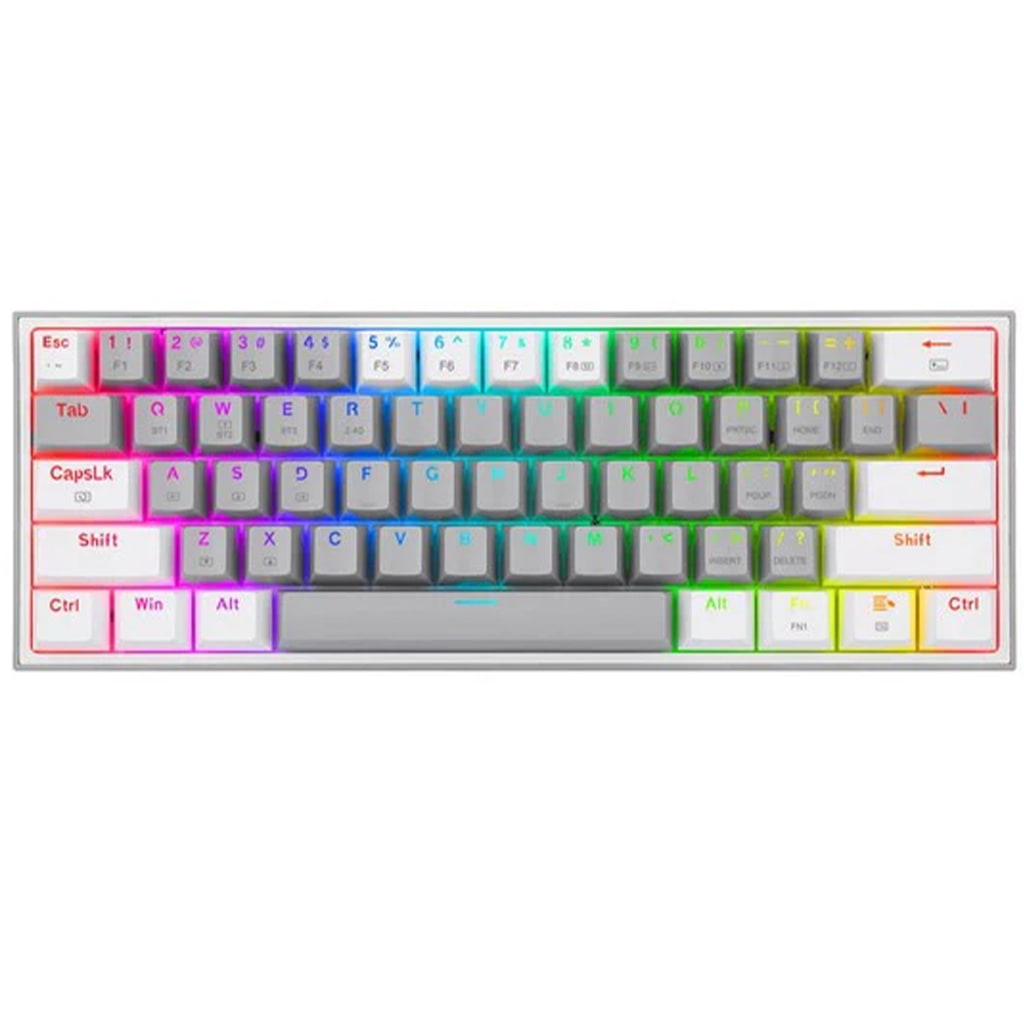 Redragon K616 Grey & White Fizz Pro gaming keyboard shown from the front, featuring a vibrant rainbow RGB lighting effect across the keys