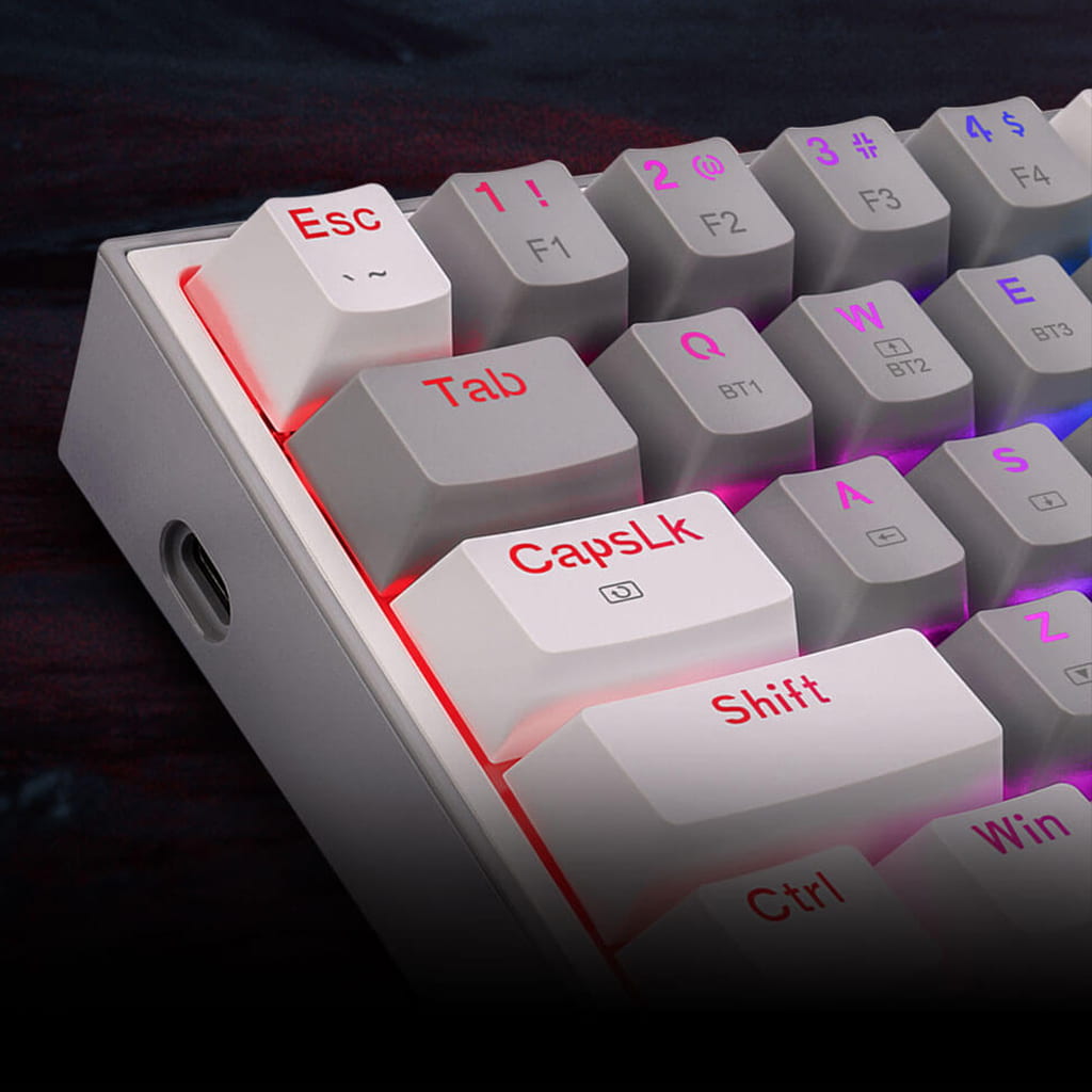 Close-up view of the back of the Redragon K616 RGB Grey & White Fizz Pro keyboard, showing the USB-C port