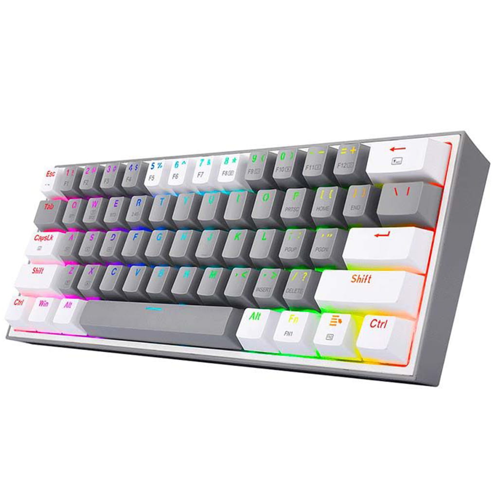 Redragon K616 RGB Grey & White Fizz Pro gaming keyboard shown from the right, featuring vibrant RGB illumination across the keys