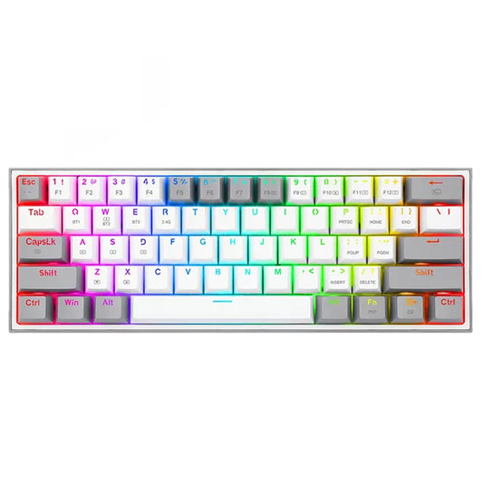 Redragon K616 White & Grey Fizz Pro gaming keyboard shown from the front, featuring a vibrant rainbow RGB lighting effect across the keys