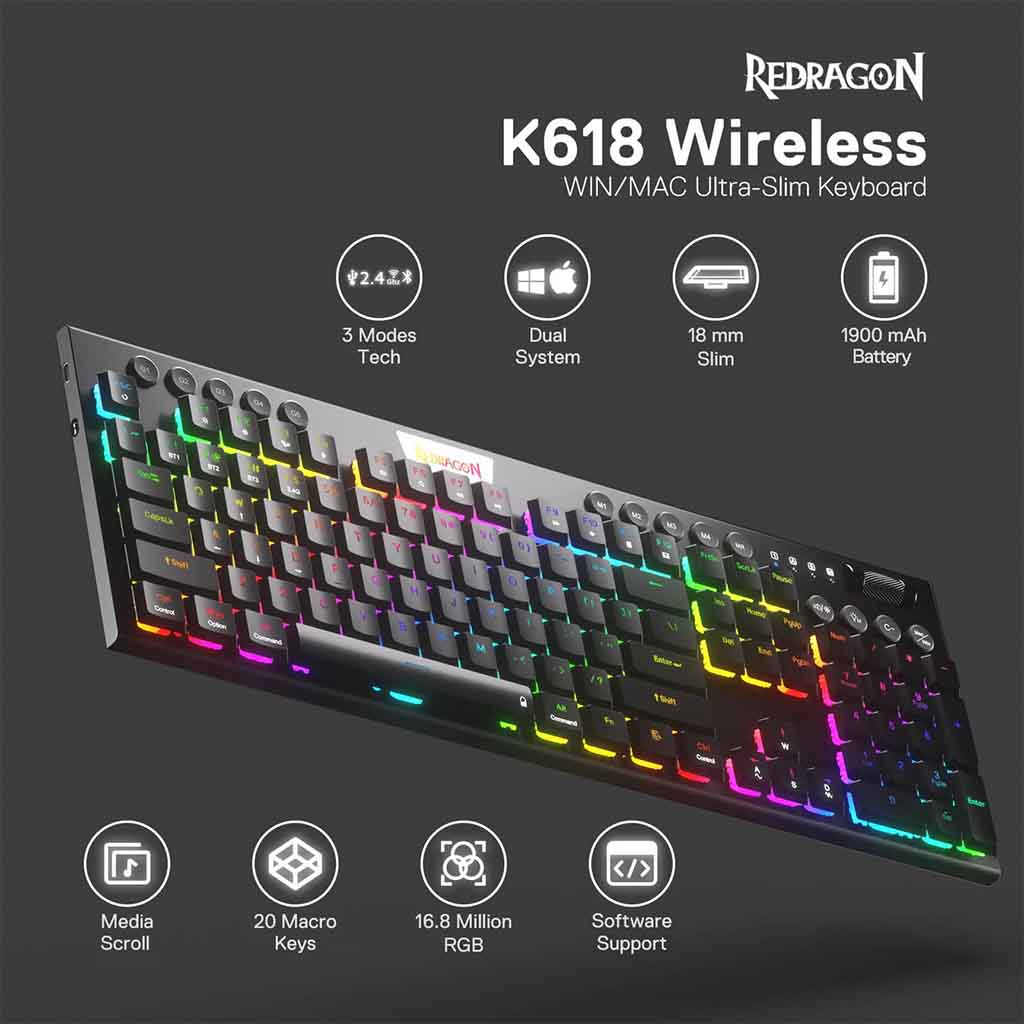 Redragon K618 Horus 3-modes Wireless RGB Ultra-Thin Keyboard Redragon
