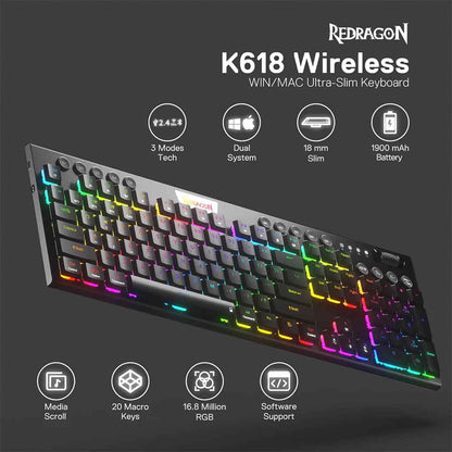 Redragon K618 Horus 3-modes Wireless RGB Ultra-Thin Keyboard Redragon
