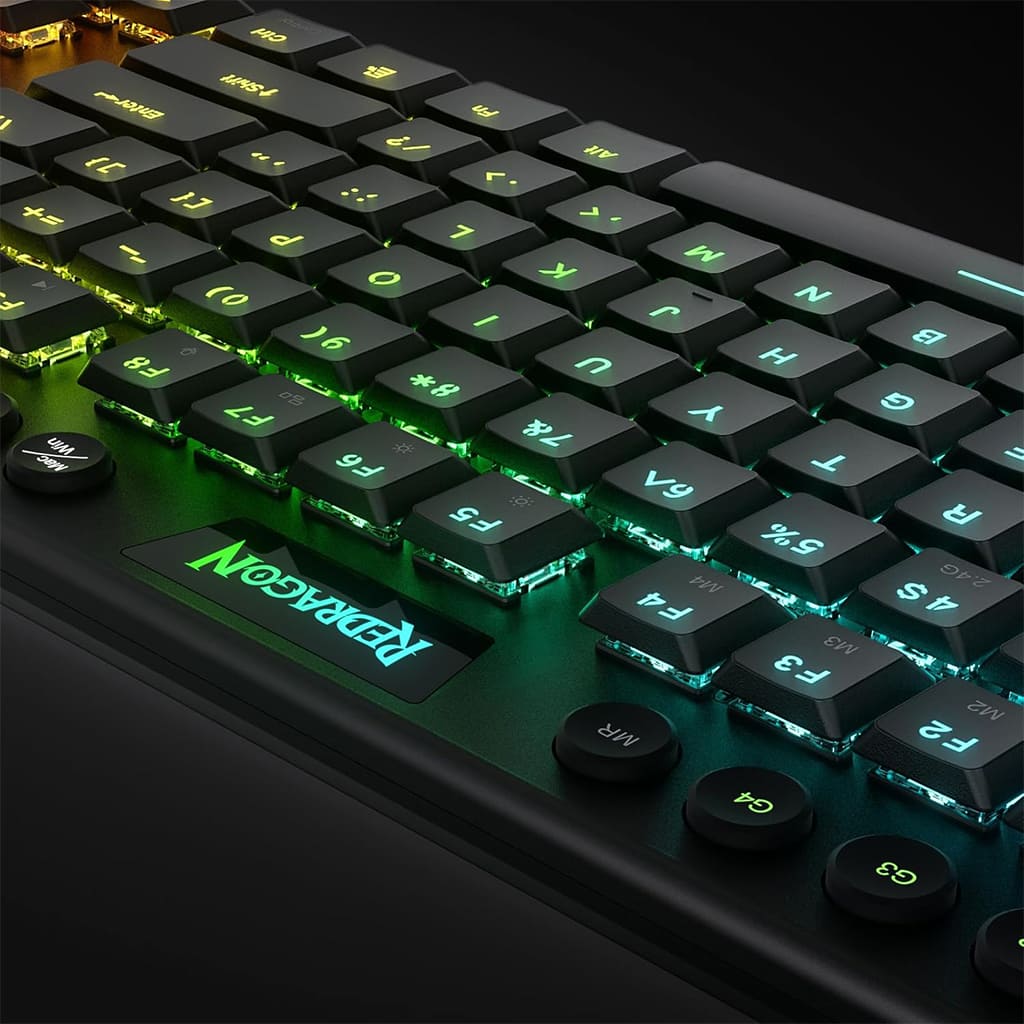 back view of the Redragon K621 Black Horus wireless keyboard, featuring the Redragon logo & vibrant RGB backlighting on the keys