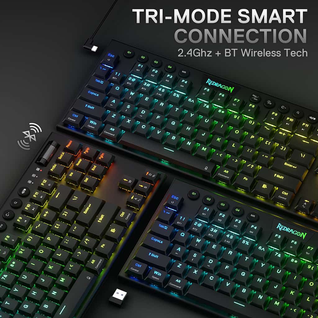 Redragon K621 Black Horus wireless keyboard and highlighting its tri-mode smart connectivity: 2.4Ghz & Bluetooth wireless