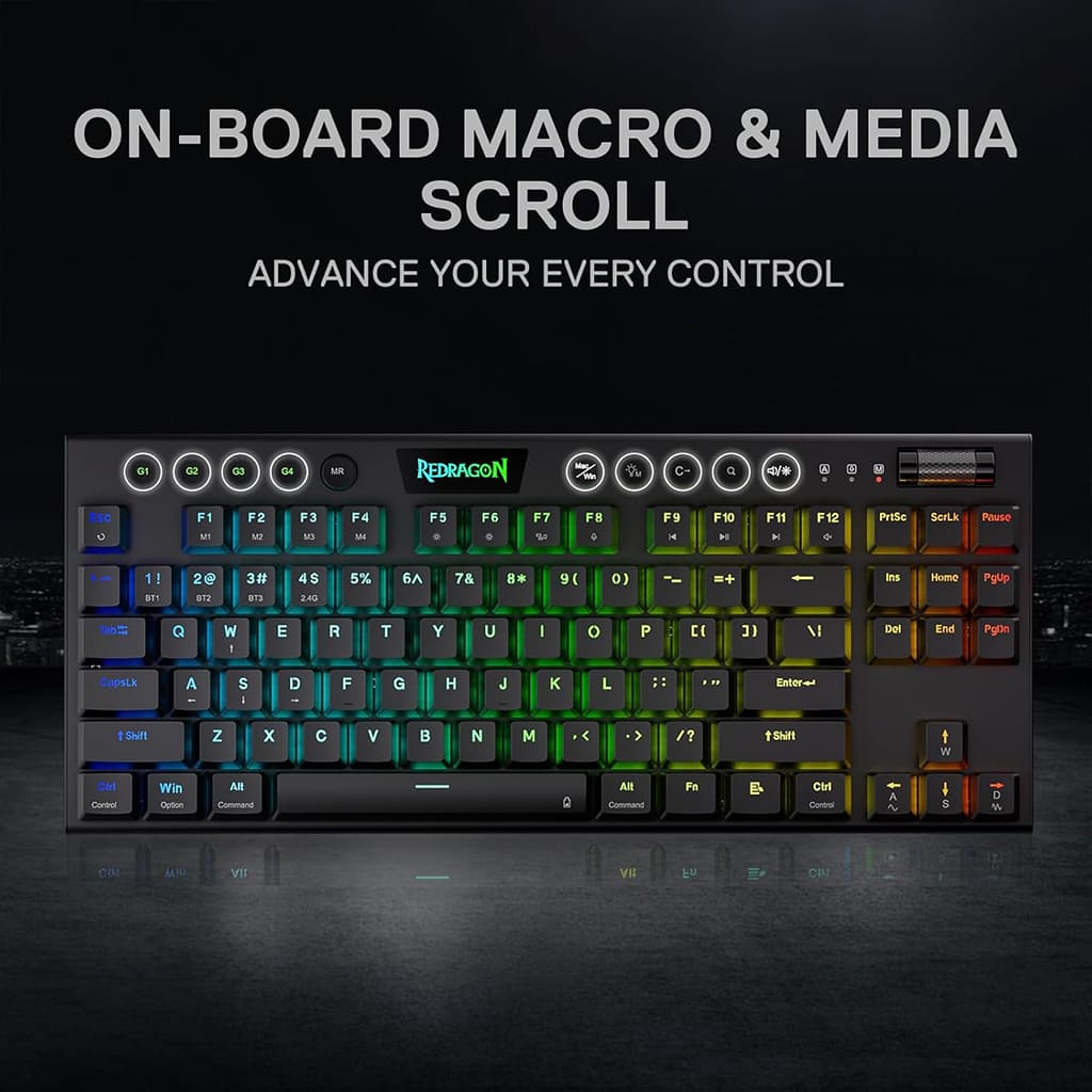 Black Redragon K621W Horus wireless mechanical gaming keyboard, highlighting its on-board macro recording & media scroll wheel