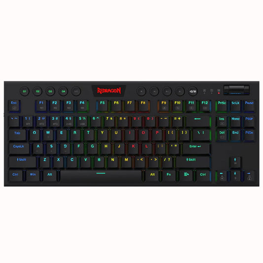 Front view of the black Redragon K621 Horus wireless mechanical gaming keyboard with RGB backlighting