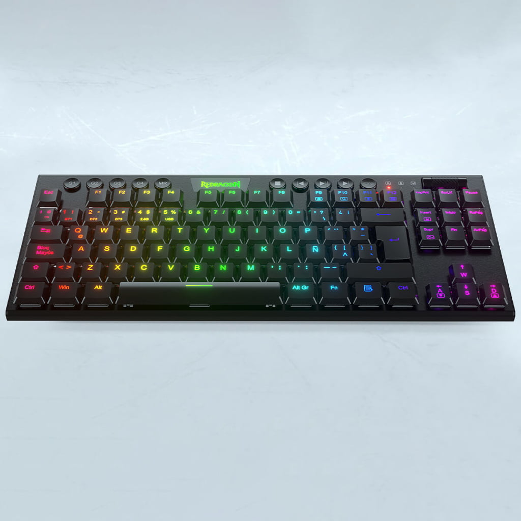 Top view of the black Redragon K621 Horus wireless mechanical gaming keyboard with full RGB backlighting.