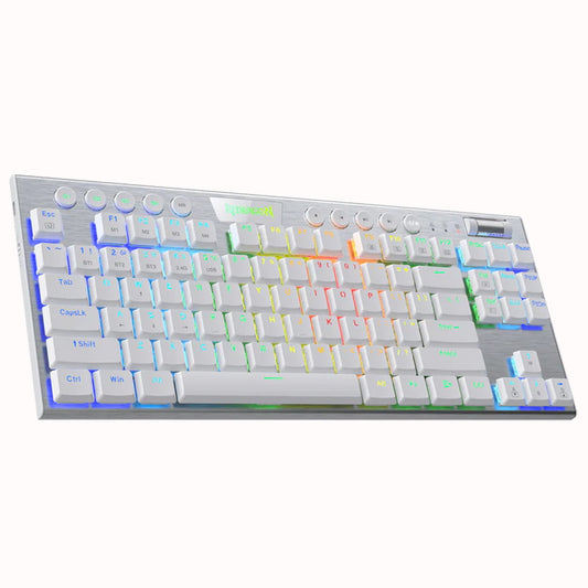 White Redragon K621W Horus keyboard has a TKL layout with white keycaps and vibrant rainbow RGB backlighting illuminating