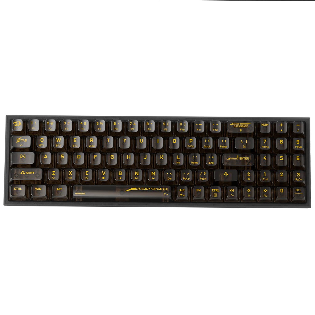 Front view of the Redragon K628 Pro transparent RGB mechanical keyboard, illuminated with vibrant rainbow RGB backlighting