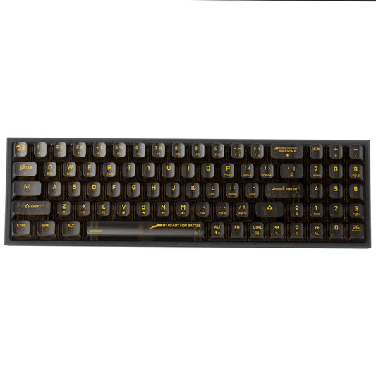 Front view of the Redragon K628 Pro transparent RGB mechanical keyboard, illuminated with vibrant rainbow RGB backlighting