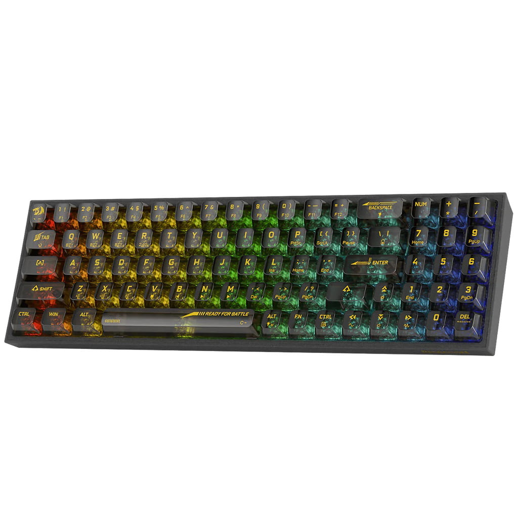 Angled right-side view of the Redragon K628 Pro transparent RGB mechanical keyboard, illuminated with vibrant rainbow RGB backlighting