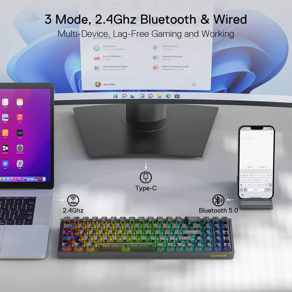 Redragon K628 Pollux Pro 75% Keyboard's connectivity options, including 2.4Ghz, Bluetooth 5.0, and wired Type-C, for seamless use